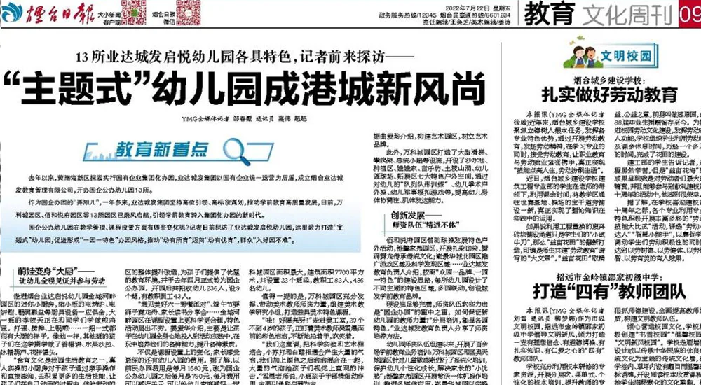 【烟台日报】13所业达城发启悦幼儿园各具特色,记者前来探访—— “主题式”幼儿园成港城新风尚